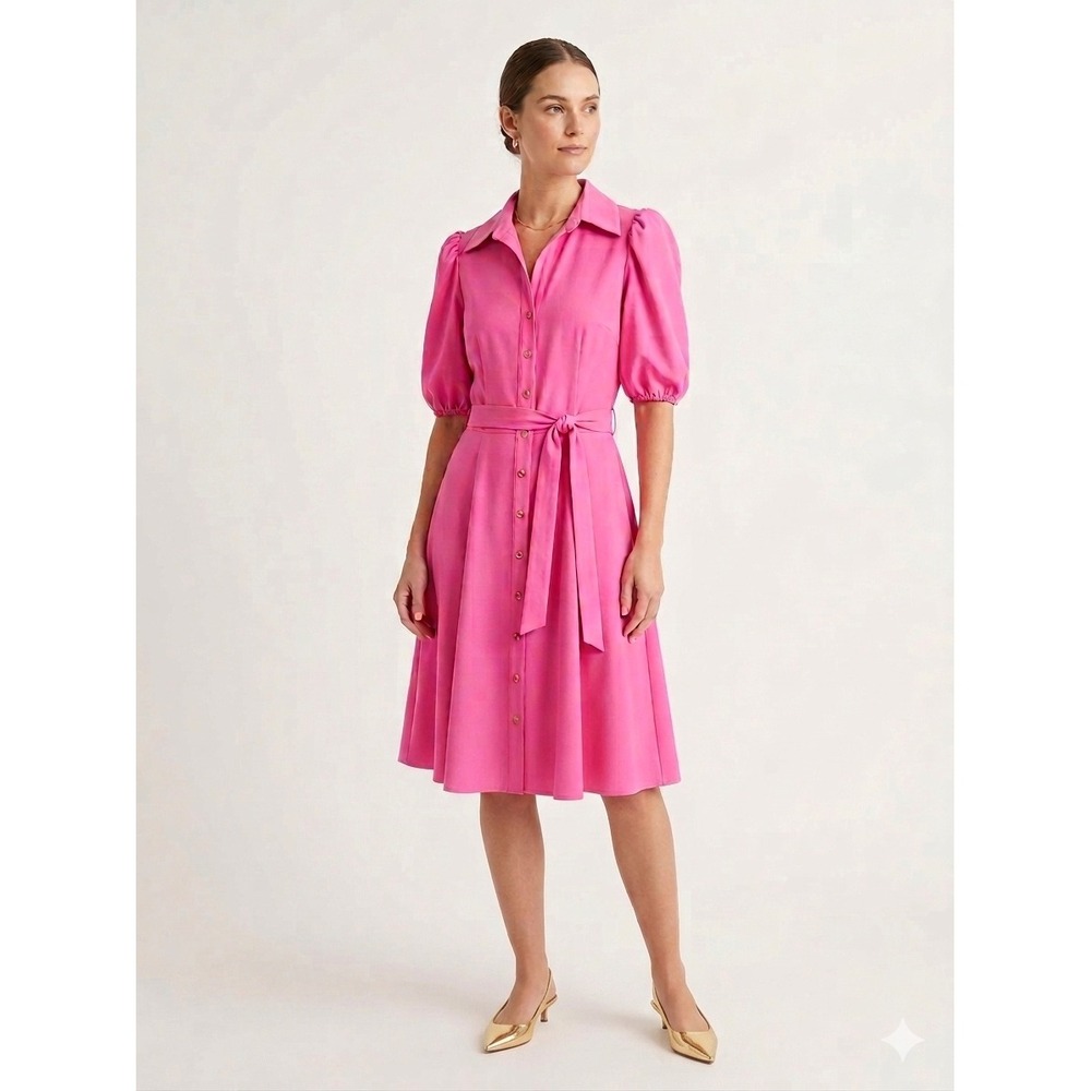 New Sharagano Shirt Dress 10 Fit & Flare Hot Pink Puff Sleeves Belted Girly NWT